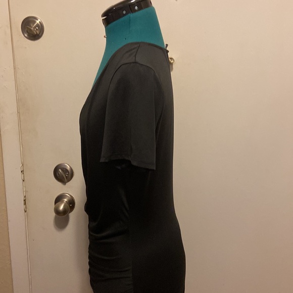 Silky Knit Dress w/pull string in front Black tight fit short sleeves v neck - Picture 4 of 9